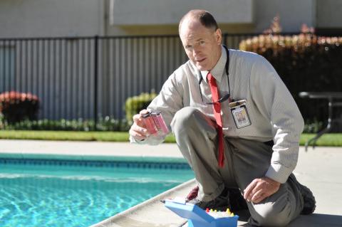 A man performing a pool inspection